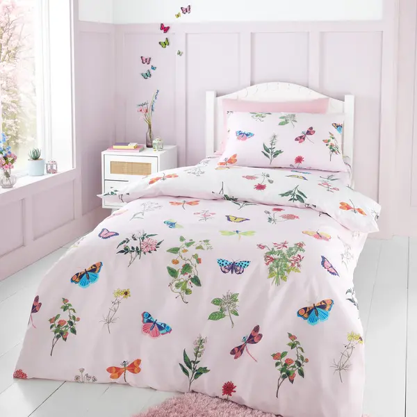 Image of RHS Butterfly Garden Pink Reversible Duvet Cover and Pillowcase Set Pink
