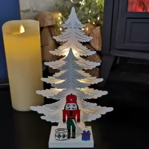 Image of 25cm LED Battery Operated Nutcracker with White Wooden Christmas Tree Scene