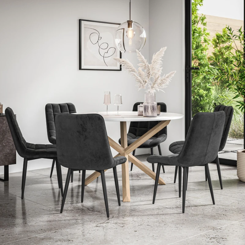 Image of More4Homes Malvern Round Dining Table And Chairs - Marble Table Top W Solid Oak Legs + Nova Velvet Dining Chair Set Of 6 (Black)