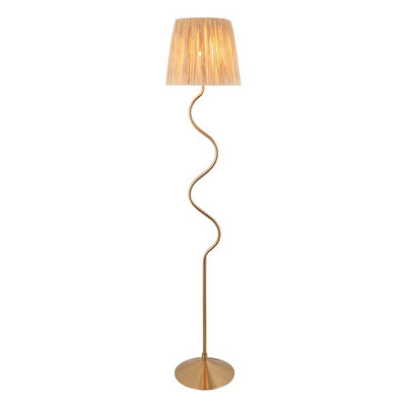 Image of Wriggle Floor Lamp with Tapered Shade Brushed Aged Brass Plate, Natural Raffia, 1x E27