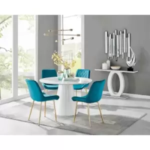 Image of Furniture Box Palma White High Gloss Round Dining Table and 4 Blue Pesaro Gold Leg Chairs