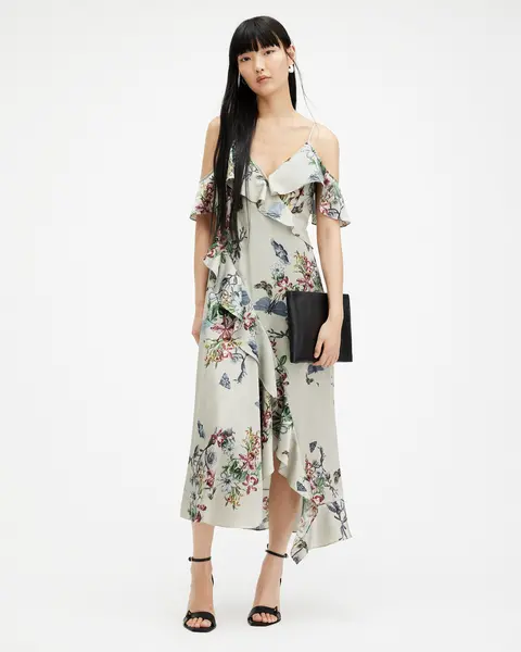 Image of AllSaints Orion V-Neck Floral Print Midi Dress