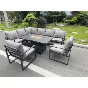 Image of Fimous 8 Seater Outdoor Dark Grey Aluminum Corner Sofa Complete Dining Set with Gas Fire Pit and Gas Heater
