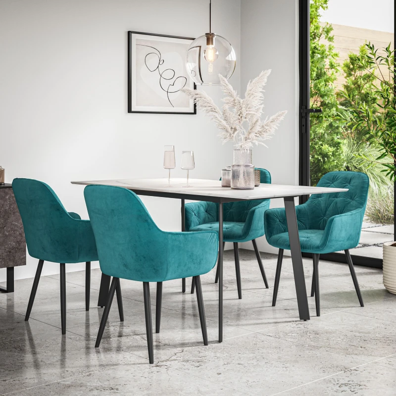 Image of More4Homes Haydon Extending Dining Table + Chairs- White Marble Effect Table Top W Black Legs + Anika Velvet Dining Chair Set Of 4 (Blue)