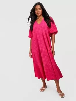 Image of Boohoo Textured Puff Sleeve Tiered Midi Dress - Pink, Size 16, Women