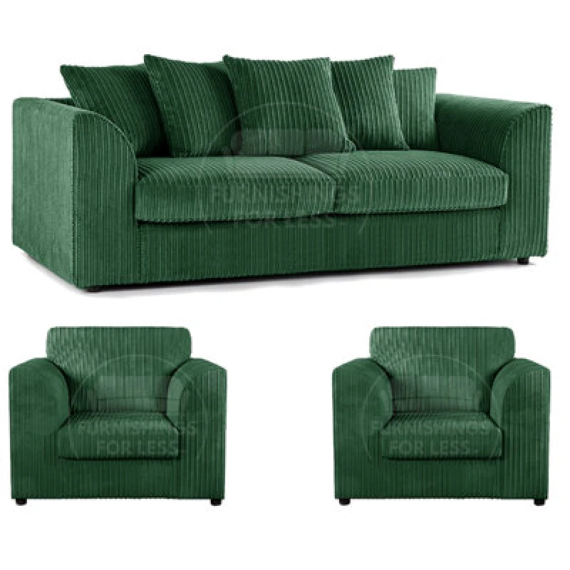 Image of Furnishings For Less UK Luxor Jumbo Cord 3 + 1 + 1 Fabric 3 Piece Sofa Suite - Scatter Back Green