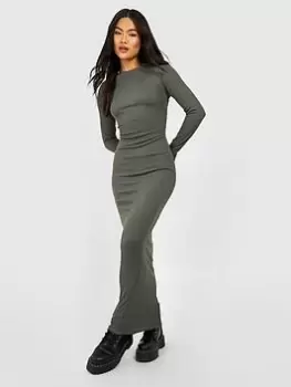 Image of Boohoo Contour Rib Long Sleeve Maxi Dress - Khaki, Green, Size 16, Women