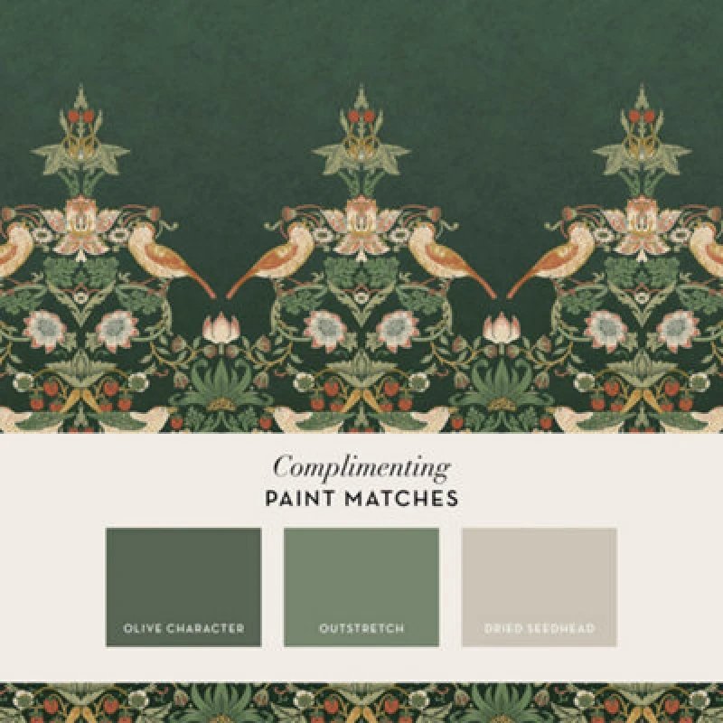 Image of William Morris at Home Strawberry Thief Green Fixed Size Mural Green One Size