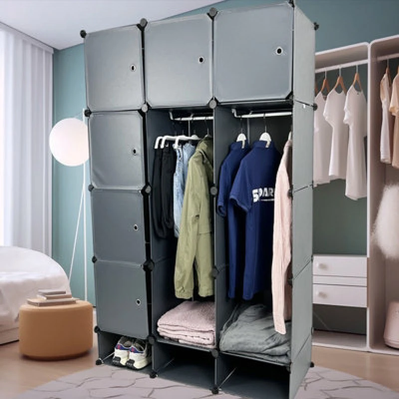 Image of Gr8 Home 15 Cube Wardrobe Portable Interlocking Plastic Modular Closet Organiser Cabinet Grey unisex