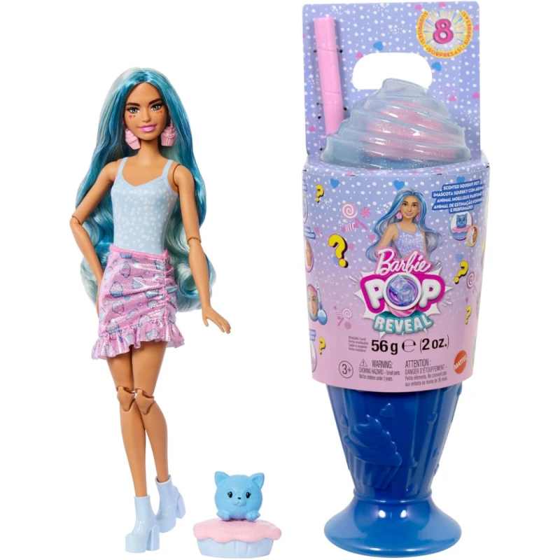 Image of Barbie Pop Reveal Series Fashion Doll & Accessories Set Treat Series Cool Cupcake Theme with Pet 8 Surprises Include Color Change JFY61 Blue - Coo