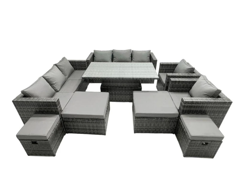Image of Fimous Rattan Dining Table Sofa Set with 4 Stools Outdoor 12 Seat in Dark Grey Dark Grey Unisex