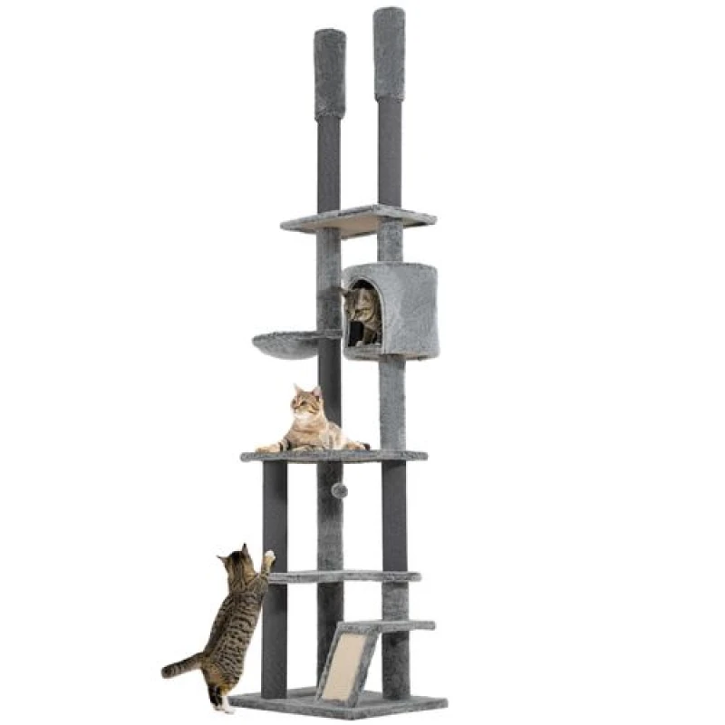 Image of PawHut 225-255cmH Floor-to-Ceiling Cat Tree for Indoor Cats w/ Condo Ramp - Pawhut 5061025018901