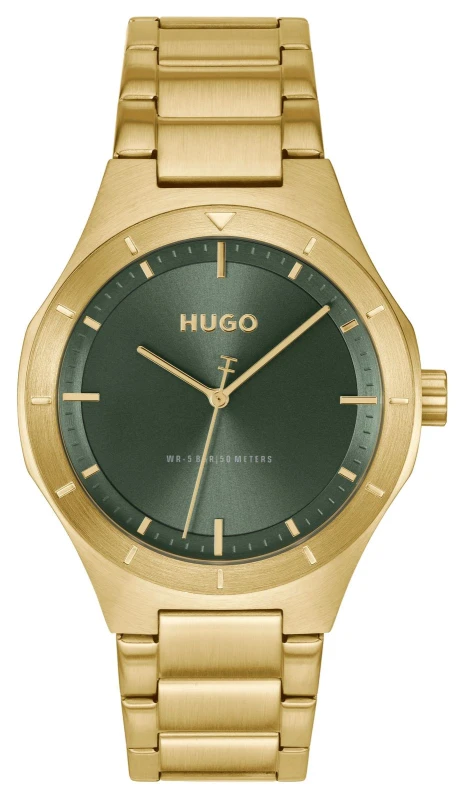 Image of HUGO 1530449 #LIT Three-Hand Quartz (42mm) Green Dial / Gold Watch