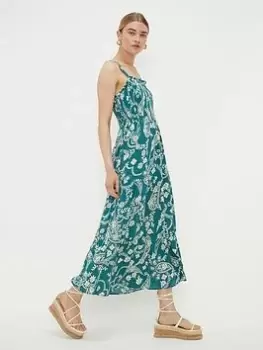 Image of Dorothy Perkins Paisly Shirred Strappy Midi Dress - Green, Size 18, Women