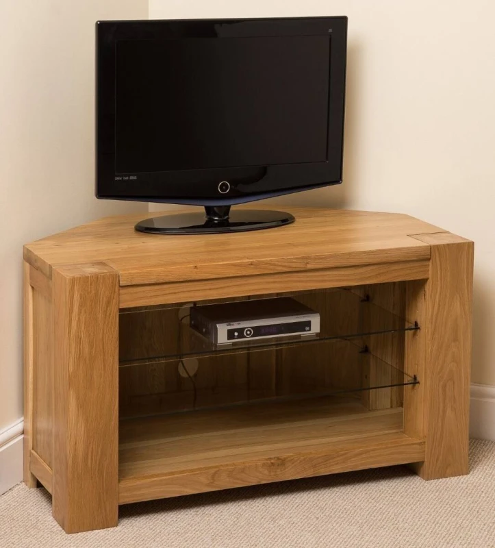 Image of Thats Furniture Kuba Solid Oak Corner TV Unit with Storage in Light Oak Light Oak Unisex