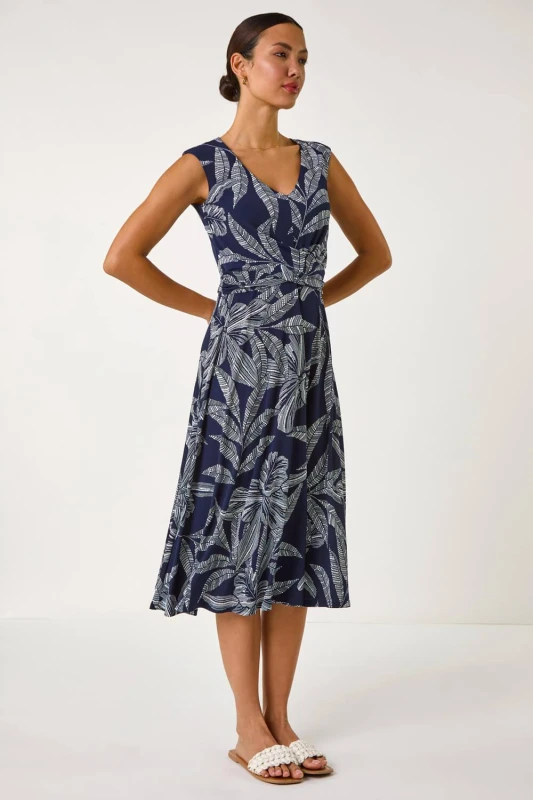 Image of Roman Leaf Print Twist Front Stretch Dress Navy