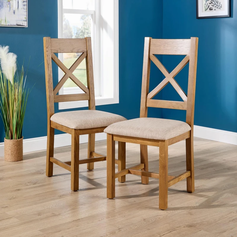 Image of Home Source Copenhagen Pair Of Assembled High Cross Backed Dining Chairs Beige Wool Seat Solid Oak Legs