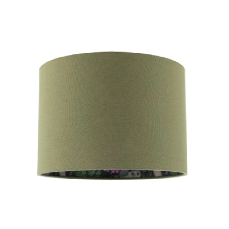 Image of Happy Homewares Woodland Animals And Forest Drum Lamp Shade With Olive Green Linen