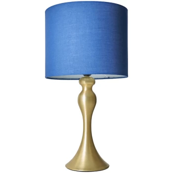 Image of Matt Gold Traditional Spindle Table Lamp with Fabric Lampshade - Navy Blue