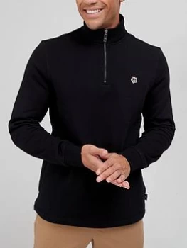 Image of Ted Baker Embroidered Logo Three Quarter Zip Sweat - Black, Size 2, Men