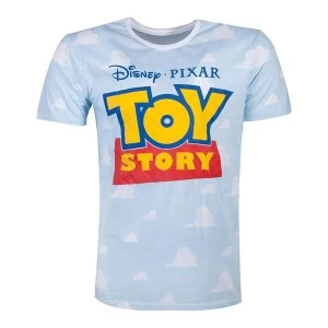 Image of Disney - Logo With All-Over Cloud Mens Medium T-Shirt - Blue