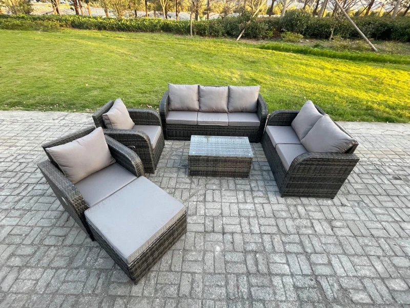 Image of Fimous 8 Seater Rattan Wicker Garden Furniture Patio Conservatory Sofa Set with Rectangular Coffee Table 3 Seater Sofa Love Sofa Big Footstool Dark Gr