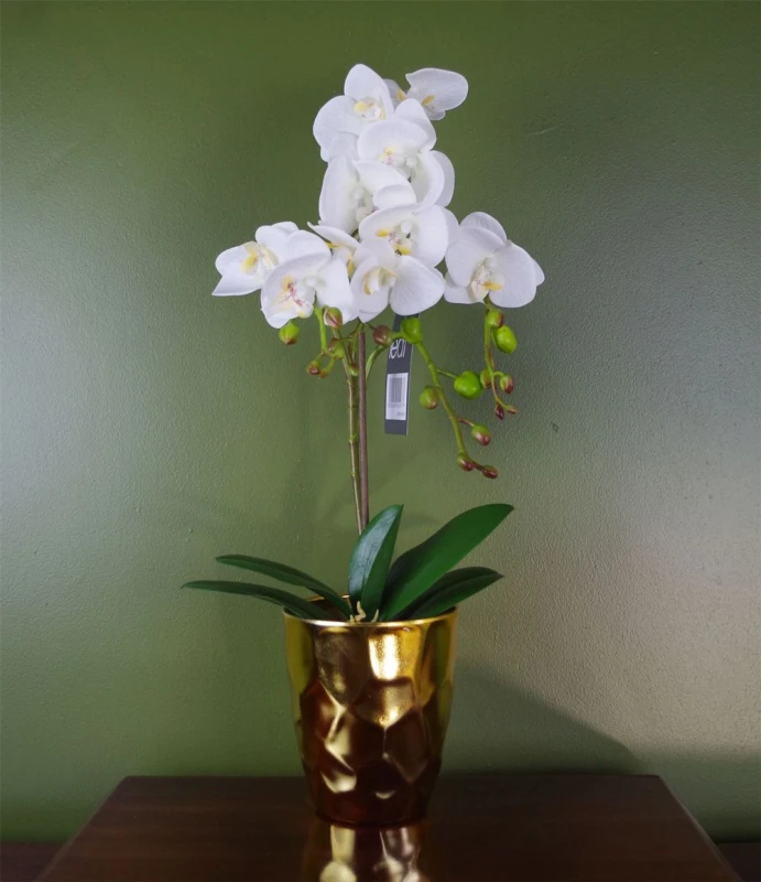 Image of Leaf 54cm Artificial Orchid Plant - White with Gold Pot White
