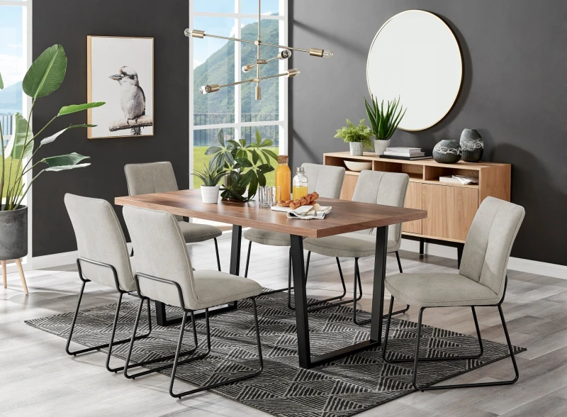 Image of FurnitureboxUK FurnitureboxUK Kylo Large Brown Wood Effect Dining Table & 6 Cream Halleyy Fabric Chairs in Taupe One Size Unisex 5056657171834