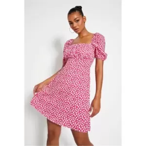 Image of I Saw It First Hot Pink Square Polka Dot Woven Short Puff Sleeve Midi Dress - Pink