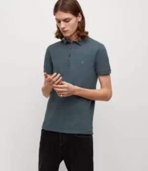 Image of AllSaints Mens Reform Short Sleeve Polo Shirt, Stormy Blue, Size: XS