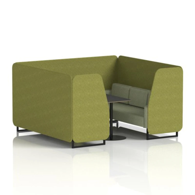 Image of Brixworth 6 Seater Office Booth with Front Panel - Black Legs and Black Table with Black Leg in Rivet Fabric - Olive Panels and Burnish Sofa