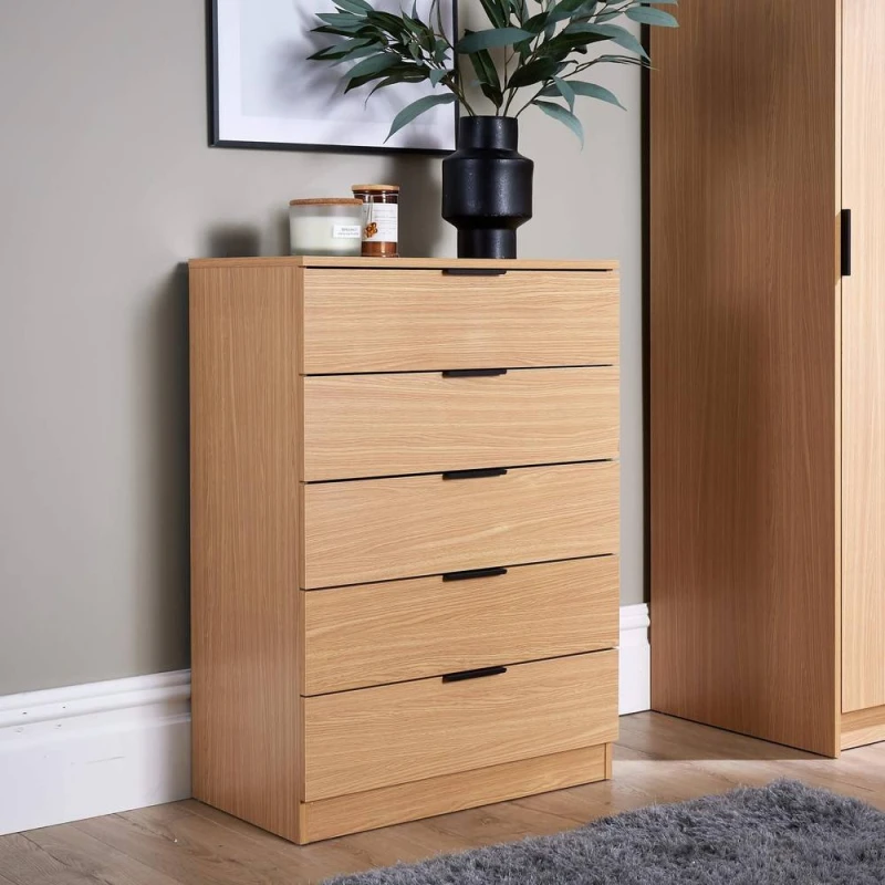 Image of Home Source Phoenix 5 Drawer Chest Bedroom Storage Unit Light Oak