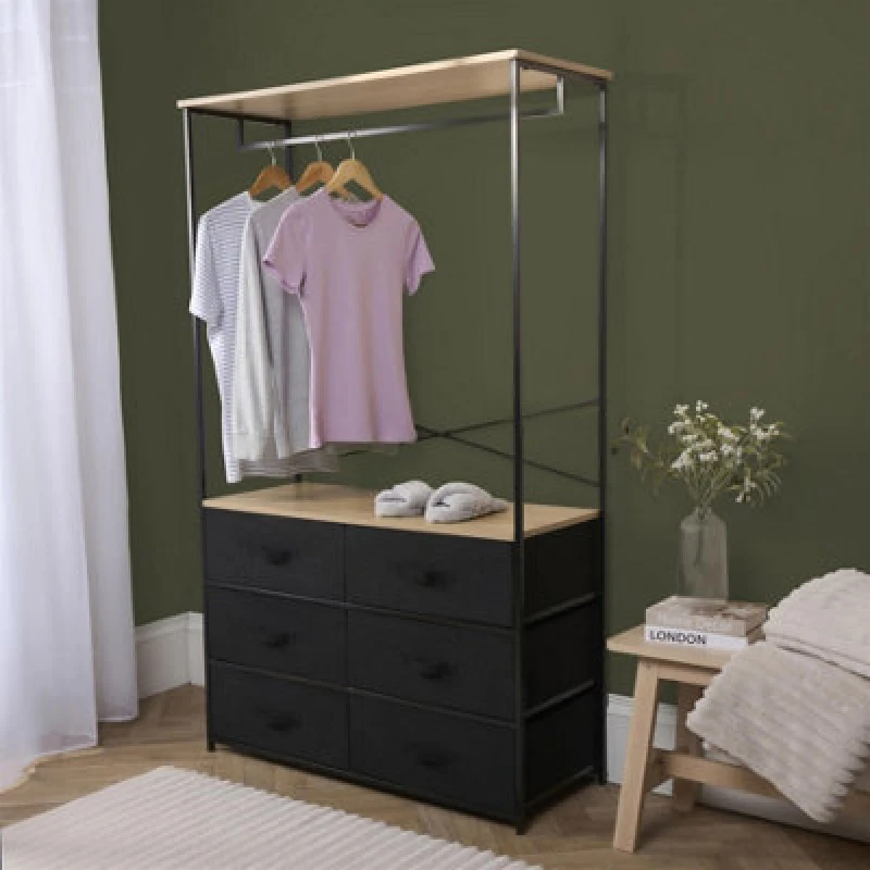 Image of OHS OHS 6 Drawer Cabinet Rail Wardrobe Coat Hanger Storage Clothes Organiser in Black One Size Unisex 5027434212309