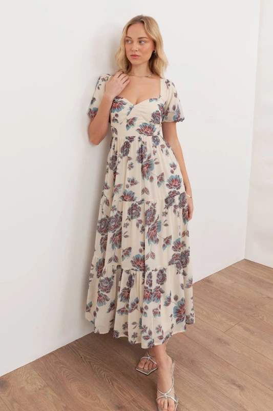 Image of Anaya with Love Womens Floral Sweetheart Neck Puff Sleeve Midaxi Dress in Cream Size: 8 Cream Female 8