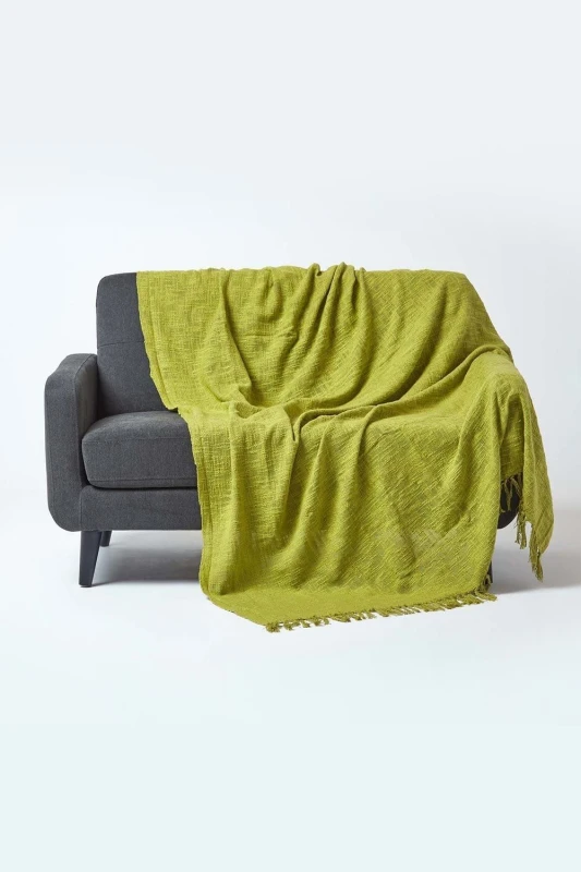 Image of Homescapes Nirvana Slub Cotton Throw in Lime Size: 225cm x 255cm Lime Unisex 225cm x 255 cm