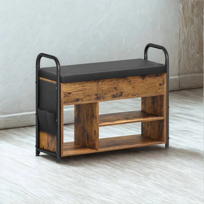 Image of Pirlo Plush Shoe Storage Bench With Cushioned Seat & Open Shelves in Brown Brown Unisex