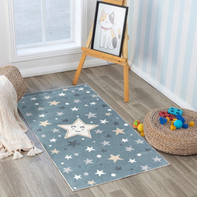 Image of Livabliss Kids Machine Washable Blue/beige Bedroom Supermama Area Rug 80 X 150 Cm - Easy Care, Soft & Safe Rug For Kids Spaces