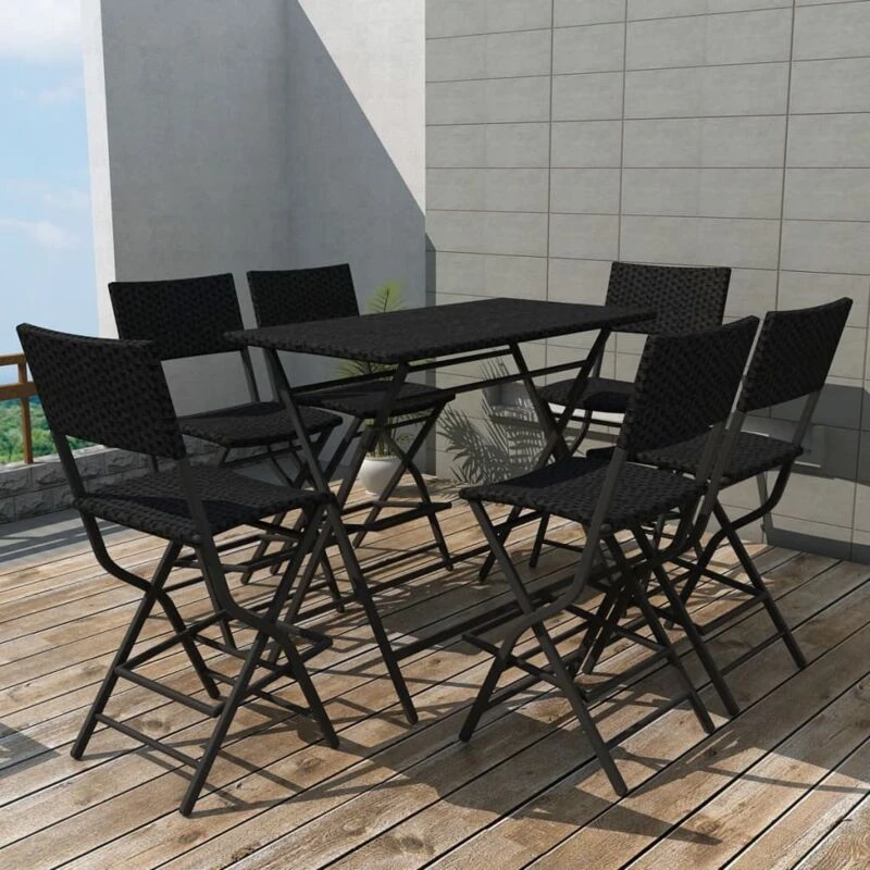 Image of vidaXL Outdoor Dining Set 7 Pieces Poly Rattan Black Folding Bar Table Chairs