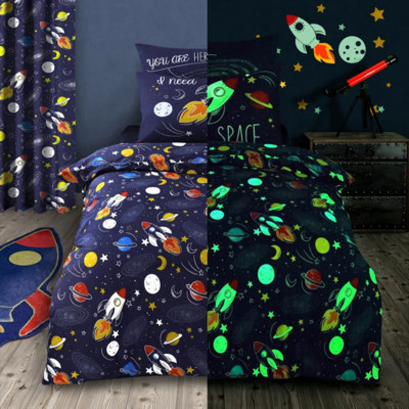 Image of Velosso Kids Bedding Set With Space Theme: Glow-In-The-Dark Duvet Cover & Pillowcase Set, Rocket Ship & Celestial Print - Multicolour