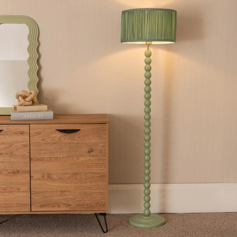 Image of ValueLights Bobbins Sage Green Floor Lamp with Ruched Pleated Drum Lamp Shade Pale Green