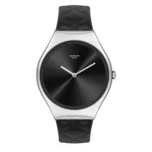Image of Swatch Irony Quartz Black Dial Black Leather Strap Ladies Watch SYXS136