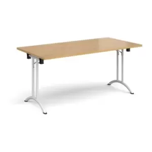 Image of Rectangular folding leg table with white legs and curved foot rails 1600mm x 800mm - oak