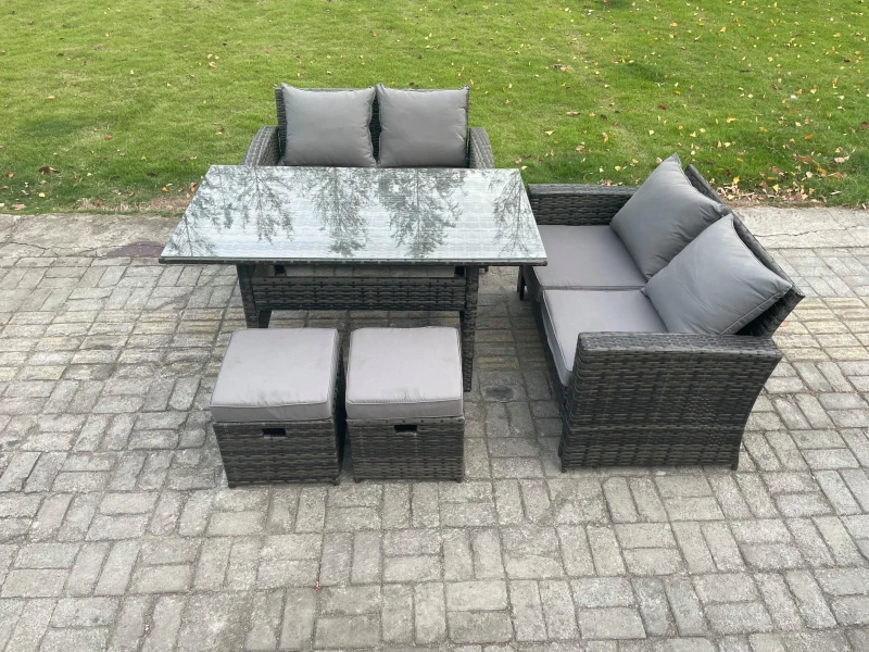 Image of Fimous 6 Seater PE Wicker Rattan Garden Furniture Set Love Sofa Outdoor Rectangular Dining Table 2 Small Footstools Dark Grey Mixed Dark Grey Unisex