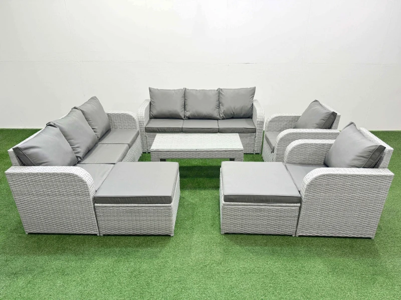 Image of Fimous PE Rattan High Back Lounge Sofa Set Patio Oblong Coffee Table & Chairs Set with 3 Seater Sofa Reclining Chair 2 Big Footstool Light Grey Light