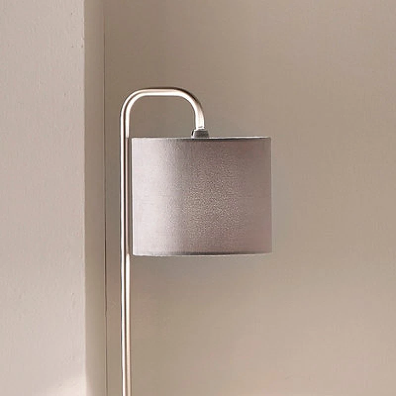 Image of K Living Table Lamp In Satin Nickel Finishes Complete With A Velour Grey Lamp Shade