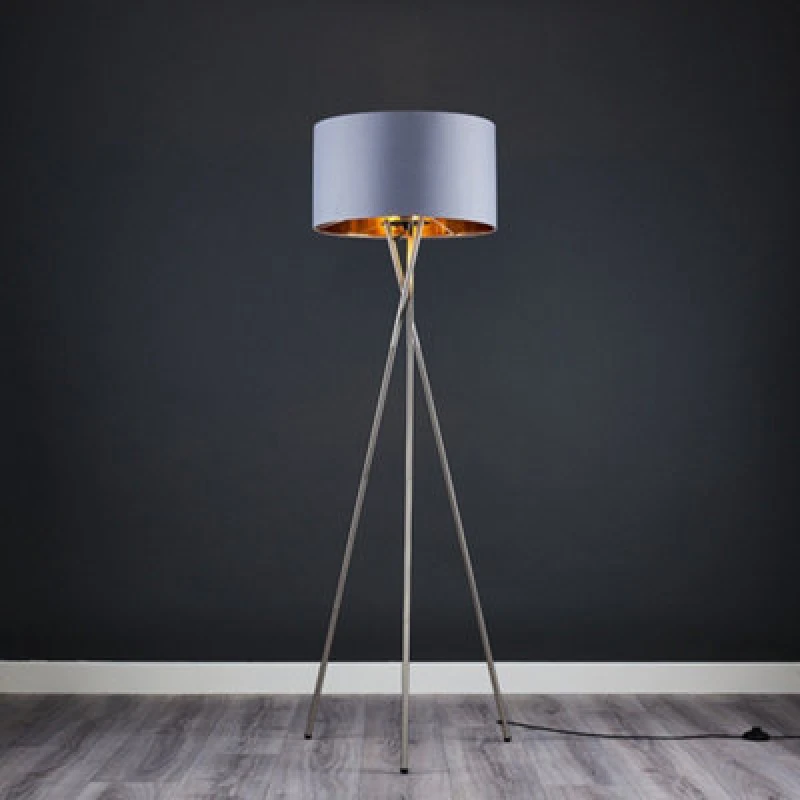 Image of ValueLights ValueLights Camden Grey & Metal Shade & Brushed Chrome Tripod Floor Lamp with Bulb in Metallic Gold Metallic Gold One Size Unisex 50557599