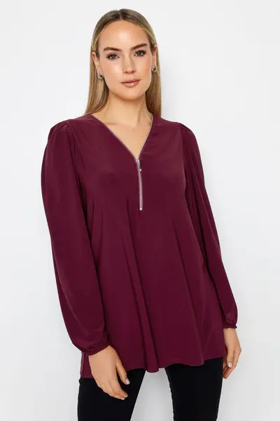 Image of Long Tall Sally Tall Balloon Sleeve Zip Neck Top Wine