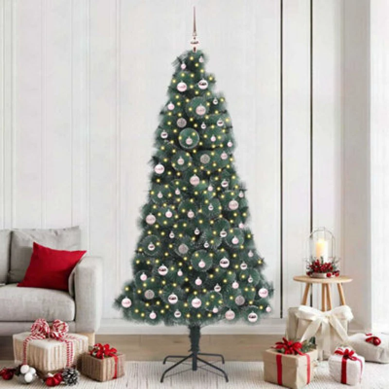 Image of vidaXL Artificial Pre-lit Christmas Tree with Pink Ball Set Green 240 cm, Green 3396192
