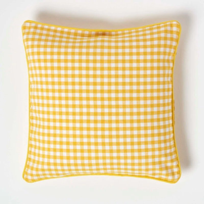 Image of Homescapes Cotton Gingham Check Yellow Cushion Cover, 45 X 45 Cm