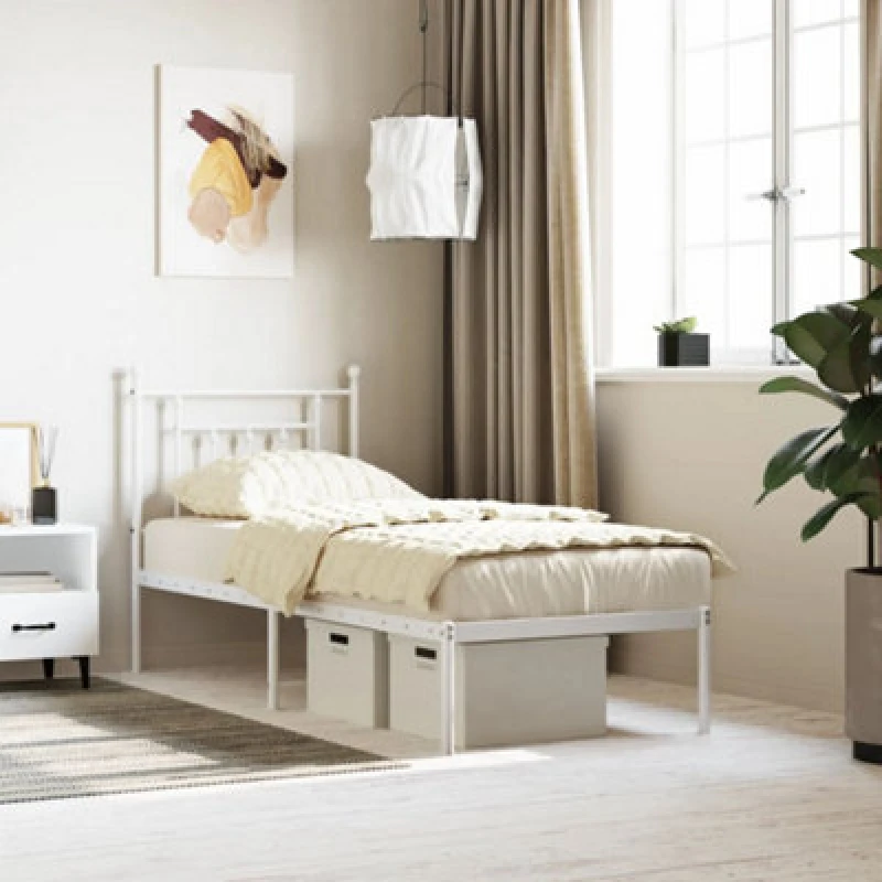 Image of Vidaxl Metal Bed Frame With Headboard White 75X190 Cm, White 353576